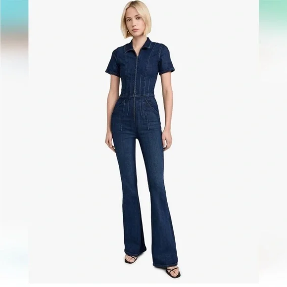 Free People Jayde Denim Flared Jumpsuit- Night Sky Dark Wash, SMALL - Picture 2 of 10